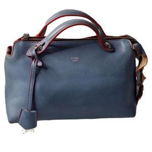 Fendi Navy Blue Leather Satchel with Red Piping